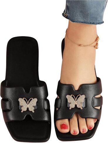 OYOANGLE Women's Butterfly Decor Cut Out H Band Flat Sandals Square Open Toe Slip on Slides Sandals in Saudi Arabia