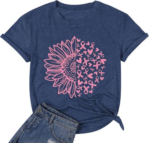 Womens Breast Cancer Awareness T Shirts Cute Love Heart Ribbon Graphic Print Tee Inspirational Short Sleeve Tops in Saudi Arabia