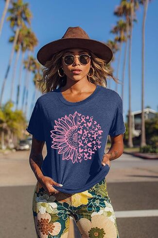 Womens Breast Cancer Awareness T Shirts Cute Love Heart Ribbon Graphic Print Tee Inspirational Short Sleeve Tops in Saudi Arabia