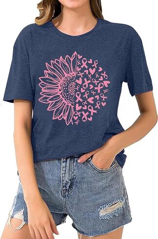 Womens Breast Cancer Awareness T Shirts Cute Love Heart Ribbon Graphic Print Tee Inspirational Short Sleeve Tops in Saudi Arabia