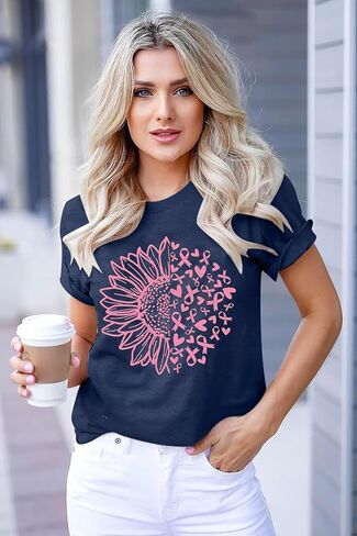 Womens Breast Cancer Awareness T Shirts Cute Love Heart Ribbon Graphic Print Tee Inspirational Short Sleeve Tops in Saudi Arabia