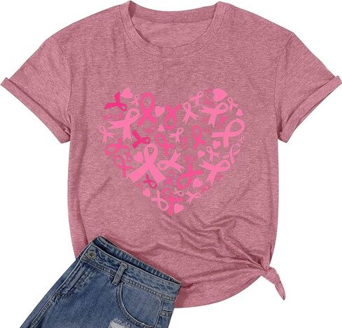 Womens Breast Cancer Awareness T Shirts Cute Love Heart Ribbon Graphic Print Tee Inspirational Short Sleeve Tops in Saudi Arabia