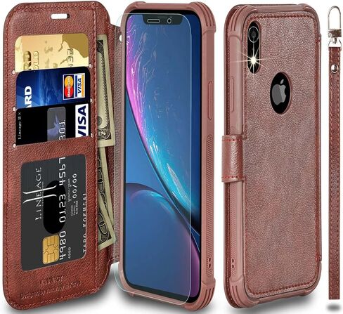 VANAVAGY متوافق مع حافظة محفظة iPhone XR للنساء والرجال، غطاء جلدي قابل للطي RFID مع معصم يدعم الشحن اللاسلكي مع حامل البطاقة وواقي شاشة زجاجي، بني in Kuwait