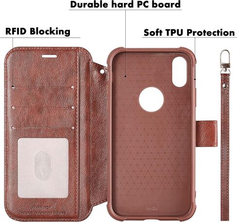 VANAVAGY متوافق مع حافظة محفظة iPhone XR للنساء والرجال، غطاء جلدي قابل للطي RFID مع معصم يدعم الشحن اللاسلكي مع حامل البطاقة وواقي شاشة زجاجي، بني in Kuwait