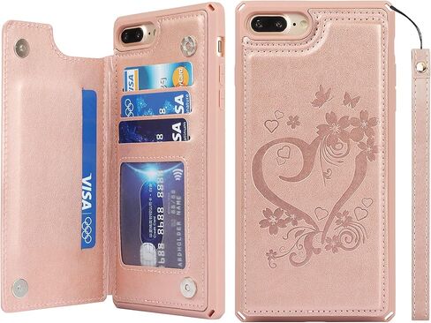 iCoverCase Compatible with iPhone 8 Plus/7 Plus Wallet Phone Case with Card Holder for Women, RFID Blocking Embossed PU Leather Wrist Strap Case (Heart Black) in Kuwait