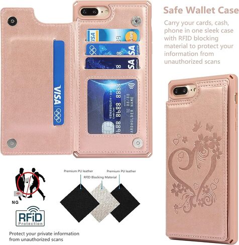iCoverCase Compatible with iPhone 8 Plus/7 Plus Wallet Phone Case with Card Holder for Women, RFID Blocking Embossed PU Leather Wrist Strap Case (Heart Black) in Kuwait