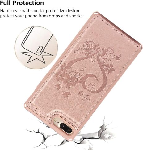 iCoverCase Compatible with iPhone 8 Plus/7 Plus Wallet Phone Case with Card Holder for Women, RFID Blocking Embossed PU Leather Wrist Strap Case (Heart Black) in Kuwait