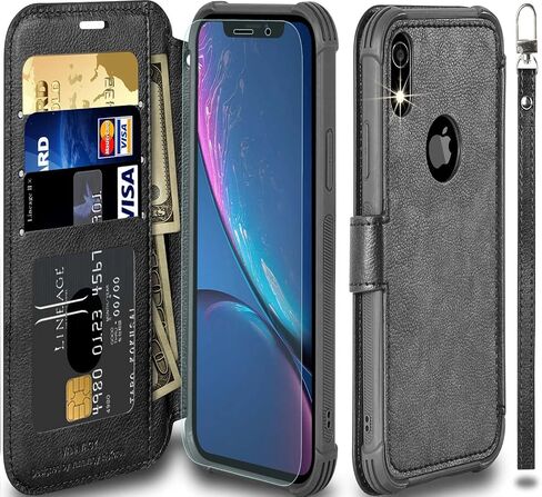 VANAVAGY متوافق مع حافظة محفظة iPhone XR للنساء والرجال، غطاء جلدي قابل للطي RFID مع معصم يدعم الشحن اللاسلكي مع حامل البطاقة وواقي شاشة زجاجي، بني in Kuwait