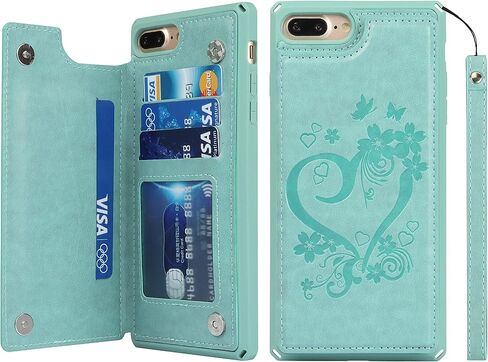 iCoverCase Compatible with iPhone 8 Plus/7 Plus Wallet Phone Case with Card Holder for Women, RFID Blocking Embossed PU Leather Wrist Strap Case (Heart Black) in Kuwait