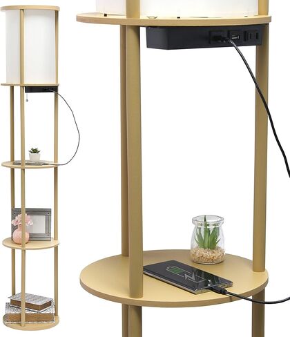 تصاميم بسيطة LF2010-LPK 62.5 "مصباح أرضي منظم على شكل رف دائري حديث مع منفذي شحن USB، ومنفذ شحن واحد وغطاء من الكتان لغرفة المعيشة وغرفة النوم والمكتب، وردي فاتح in Kuwait