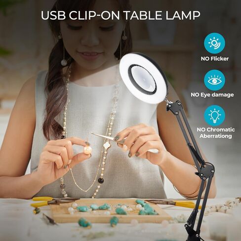 عدسة مكبرة AORAEM 10X مع ضوء وحامل، 5 أوضاع ألوان و8 مستويات سطوع قابلة للتعديل، مصباح مكتبي مكبر LED مع مشبك ضوء مكبر للقراءة والأعمال اليدوية القريبة in Saudi Arabia