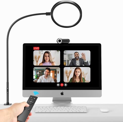 مصباح مكتبي LED | ضوء مكتب منزلي قابل للتعتيم مع مشبك وذراع معقوفة | درجة حرارة اللون والسطوع قابلة للتعديل | مصباح العناية بالعين لمؤتمرات الفيديو والبث المباشر للبودكاست - أسود in Saudi Arabia