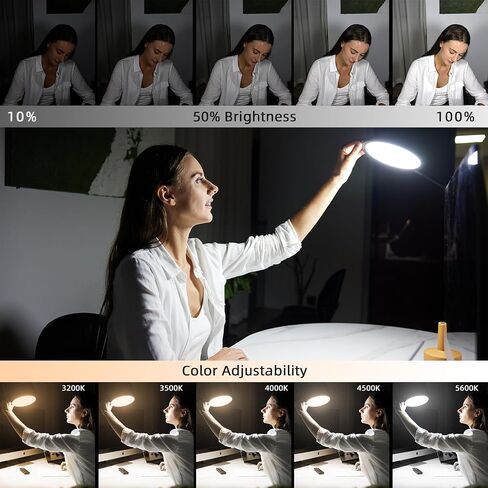 مصباح مكتبي LED | ضوء مكتب منزلي قابل للتعتيم مع مشبك وذراع معقوفة | درجة حرارة اللون والسطوع قابلة للتعديل | مصباح العناية بالعين لمؤتمرات الفيديو والبث المباشر للبودكاست - أسود in Saudi Arabia