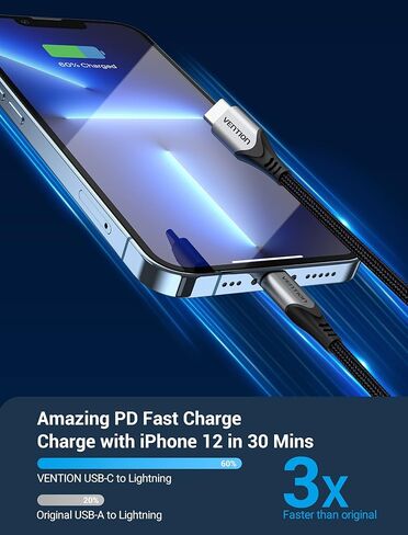 كابل VENTION USB C إلى Lightning بطول 6.6 أقدام - [معتمد من Apple MFi] كابل شاحن iPhone سريع من النايلون المضفر USB C سلك شحن لتوصيل الطاقة لهاتف iPhone 12/12 Pro/12 Mini/11 Pro MAX/X/8/8Plus in Saudi Arabia