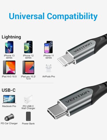 كابل VENTION USB C إلى Lightning بطول 6.6 أقدام - [معتمد من Apple MFi] كابل شاحن iPhone سريع من النايلون المضفر USB C سلك شحن لتوصيل الطاقة لهاتف iPhone 12/12 Pro/12 Mini/11 Pro MAX/X/8/8Plus in Saudi Arabia