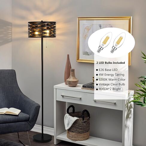 Industrial Floor Lamp for Living Room Black Standing Lamp Farmhouse Stand Up Lamp with Pull Chain Switch Tall Lamp for Bedroom Home Decor Vintage Rustic Unique Pole Lamps, Dual E12 Bulbs Included in Saudi Arabia