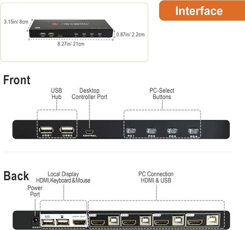 HDMI KVM Switch 4 Ports 4K@60Hz 4:2:0 by J-Tech Digital with HDMI and USB Cables Support Quick Switch USB 2.0 Hub HotKey Push Button Wired Desktop Controller Auto Scan (JTECH-KV41) in Saudi Arabia