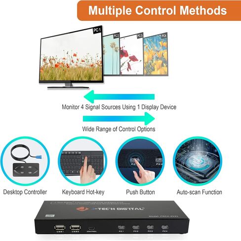 HDMI KVM Switch 4 Ports 4K@60Hz 4:2:0 by J-Tech Digital with HDMI and USB Cables Support Quick Switch USB 2.0 Hub HotKey Push Button Wired Desktop Controller Auto Scan (JTECH-KV41) in Saudi Arabia