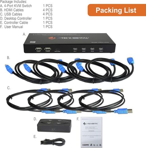 HDMI KVM Switch 4 Ports 4K@60Hz 4:2:0 by J-Tech Digital with HDMI and USB Cables Support Quick Switch USB 2.0 Hub HotKey Push Button Wired Desktop Controller Auto Scan (JTECH-KV41) in Saudi Arabia