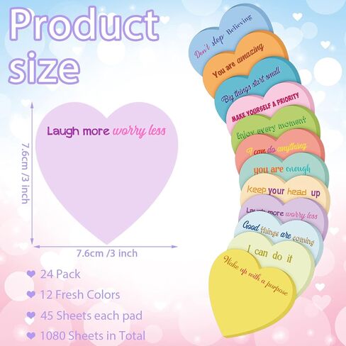 Teling 24 Pcs Heart Sticky Notes 3 x 3 Inch Heart Shape Sticky Inspirational Red Notepads Appreciation Gifts Bulk for School Office Supplies(Bright,Motivational) in Saudi Arabia