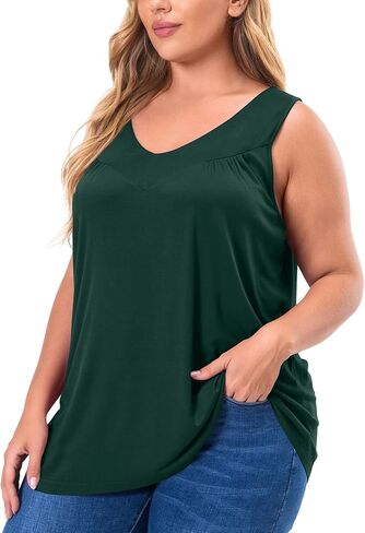AYIFU Womens Plus Size Tunic Tank Tops Sleeveless Pleated Front V Neck Shirts in Kuwait