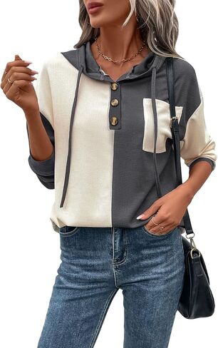 GORGLITTER Women's Two Tone Half Button Hoodie Drawstring Pocket Patched Long Sleeve Hooded Sweatshirt in Saudi Arabia