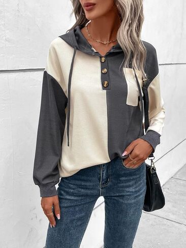 GORGLITTER Women's Two Tone Half Button Hoodie Drawstring Pocket Patched Long Sleeve Hooded Sweatshirt in Saudi Arabia