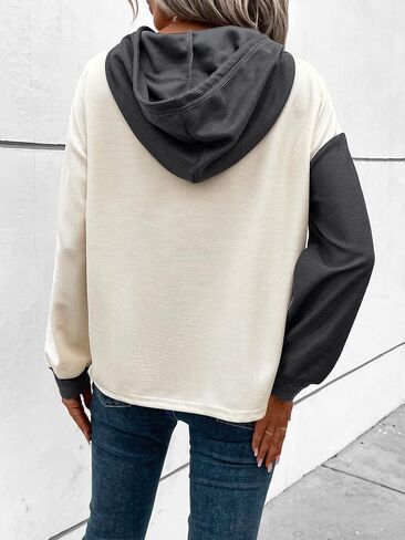 GORGLITTER Women's Two Tone Half Button Hoodie Drawstring Pocket Patched Long Sleeve Hooded Sweatshirt in Saudi Arabia