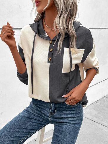 GORGLITTER Women's Two Tone Half Button Hoodie Drawstring Pocket Patched Long Sleeve Hooded Sweatshirt in Saudi Arabia