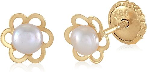 أقراط من الذهب عيار 14 قيراط على شكل زهرة صغيرة لسلامة الطفلة الصغيرة مغطاة باللؤلؤ المستنبت من الخلف in Kuwait