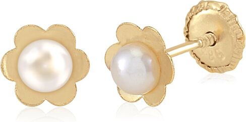 14k Gold Tiny Flower Earrings for Baby Girl Safety Screwback Covered Back Cultured Pearl in Saudi Arabia