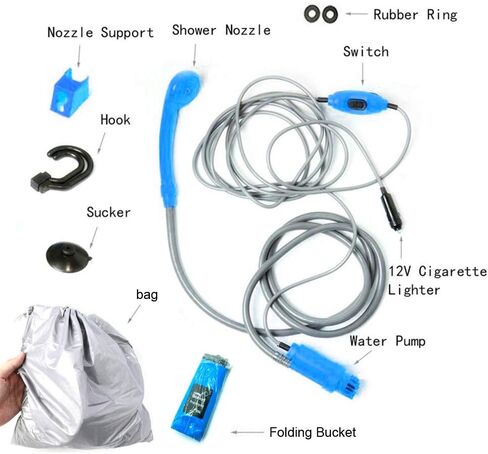 Portable Handheld Outdoor Camping Shower with Collapsible 5 Gallon Bucket(20L),Compact Pressure Shower Head Pump with 12V Car Cigarette Adapter for Camping,Hiking,Car Washing in Saudi Arabia