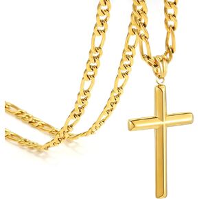 Cross Necklace for Men and Women-Stainless Steel Figaro Necklace,18K Gold Plated/Silver Cross Pendant Chain,18-24 IN with Flannel Bag