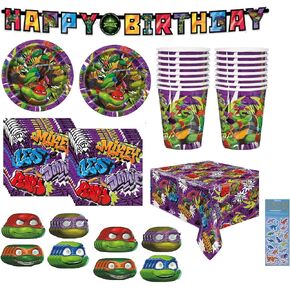 ديكورات حفلات سلاحف النينجا المراهقون المتحولون لحفلات TMNT تخدم 16 ضيفًا، تتضمن أطباق ومناديل وأكواب وغطاء طاولة وديكور لافتة وأقنعة ورقية وورقة ملصقات ديناصور واحدة