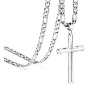 Cross Necklace for Men and Women-Stainless Steel Figaro Necklace,18K Gold Plated/Silver Cross Pendant Chain,18-24 IN with Flannel Bag