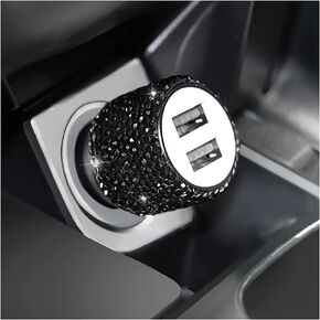 Bling Dual USB Car Charger Adapter, 18W Output Handcrafted Rhinestones Crystal QC3.0 Fast Charging Adapter for iPhone 13/12/12 Pro Max/XS, Samsung Galaxy, Auto Accessories for Women Men (Black)