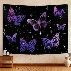 Purple Butterfly Tapestry Wall Art Hanging, Fantasy Butterflies Black Night Sky Stars Wall Decor Tapestries, Aesthetic Wall Art Tapestry for Girls Bedroom Dorm Abstract Home Room Wall Decoration