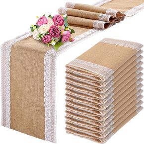 12 Pcs Lace Burlap Table Runner 12'' x 72'' Rustic Jute Burlap Table Runner Farmhouse Country Vintage Romantic Fabric Table Cloth for Wedding Birthday Thanksgiving Christmas Party Table(Lovely)