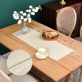 Farmhouse Hemstitch Border Table Runner Faux Linen Rustic Table Runners Solid Beige Rectangle Table Decoration for Dining Coffee Table Home Kitchen Party 13x36 Inch