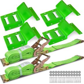 E Track Wheel Chock Tie Down Kit, 2in*15ft Heavy Duty Trailer Tie Downs, E Track Trailer Tire Straps for a Car Trailer UTV ATV Ratchet Tie Downs (2 Pack)