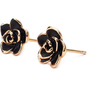 18K Gold Plated Stud Earrings,Black Rose Flower Studs For Women Teen Girls Hypoallergenic