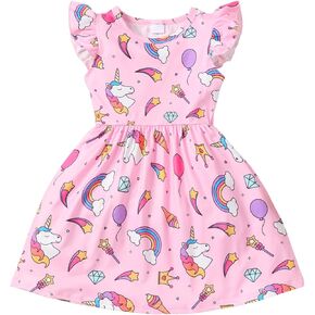Baby Girls Dress Unicorn Casual Flutter Sleeve Swing Sundress Birthday Party Summer Playwear Dresses 1-8 Years Old