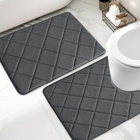 YIHOUSE Bathroom Rugs, Memory Foam Toilet Bath Mat U-Shaped, Toilet Lid Cover Set with U Shaped Toilet Rug, Water Absorption, Non-Slip, Machine Wash(24"x 20"+16"x 18",Black)
