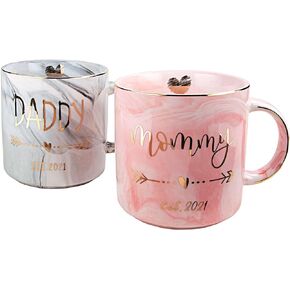 Gifts for New Mom and Dad 2021 - Mommy and Daddy est 2021 - First Time Parents Mugs - Marble Ceramic Cup 11.5 Oz