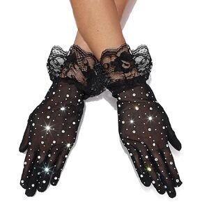 Glitter Rhinestones Lace Gloves Mesh Finger Wrist Gloves Short Tea Party Gloves for Women and Girls