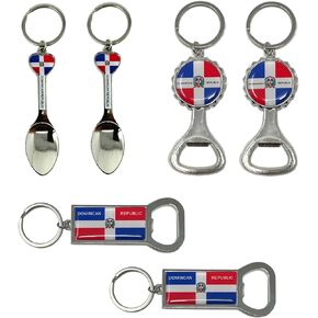 6 Pack Dominican Republic Country Metal Keychain, 6 Bottle Opener, DR Flag, Bottle Cap, Spoon Design, Souvenir Keychains, Bulk, Set of 6