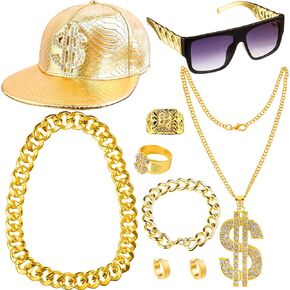 إكسسوارات مغني الراب في الثمانينيات والتسعينيات للرجال، قبعة هيب هوب، نظارات شمسية لمغني الراب في المدرسة القديمة، سوار سلسلة من الذهب الصناعي، سوار بعلامة الدولار، سلسلة حلقية لتزيين الحفلات in Kuwait