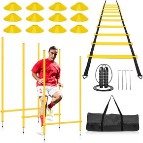 Soccer Agility Training Poles Equipment- includes 6 Agility Poles,6 Jumping Hurdles,Agility Ladder, 12 Soccer Cones,Jump Rope for Speed Training, Soccer Agility Training, Basketball Athletes