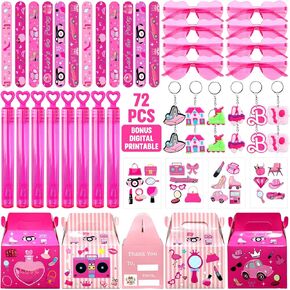 Pink Party Favors 72 Pc Princess Party Stickers Keychain Hot Pink Sunglass Bubble Wand Treat Box for Girl Hot Pink Birthday Party Supplies