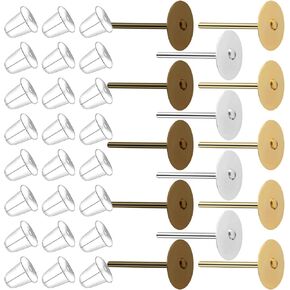 300pcs Stainless Earring Posts Flat Pads with 300pcs Clear Bullet Earring Backs for Jewelry Making,Gold Silver Bronze